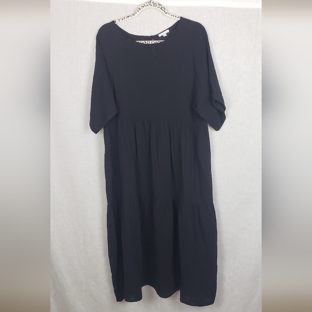 Johnny Was Calme Tiered‎ Dress 100% Cotton Midi Large Black Peasant Boho Cottage